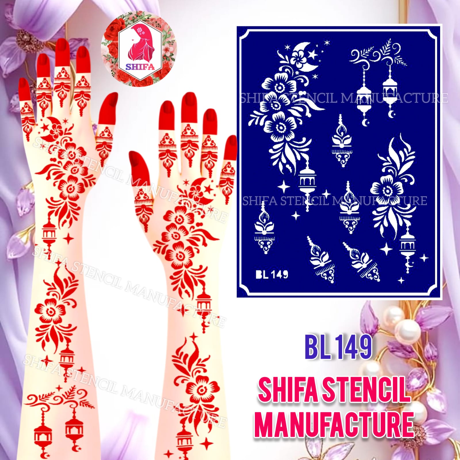 BL149 Crescent Noor Floral Cascade Double Hand Henna Stencil - Shifa Stencil